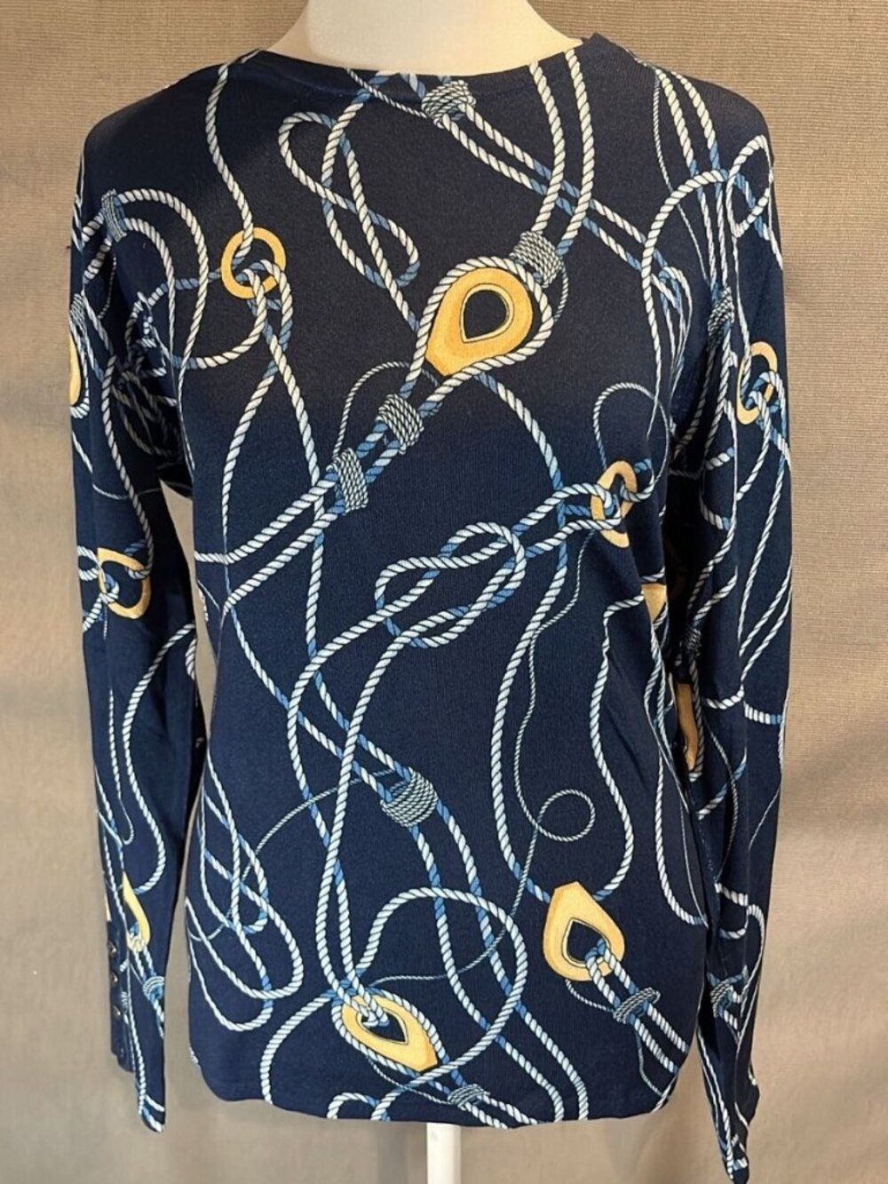 J. McLaughlin Size L navy & gold Cotton Blend Round Neck Long Sleeve shirt